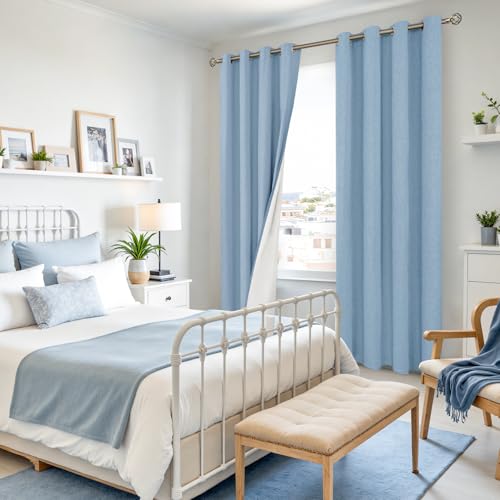 Image of YoungsTex Light Blue Linen 100% Blackout Curtains 80 Inches Long, Thermal Insulated Drapes with Grommet Room Darkening for Living Room Window, 2 Panels, 52 X 80 Inch