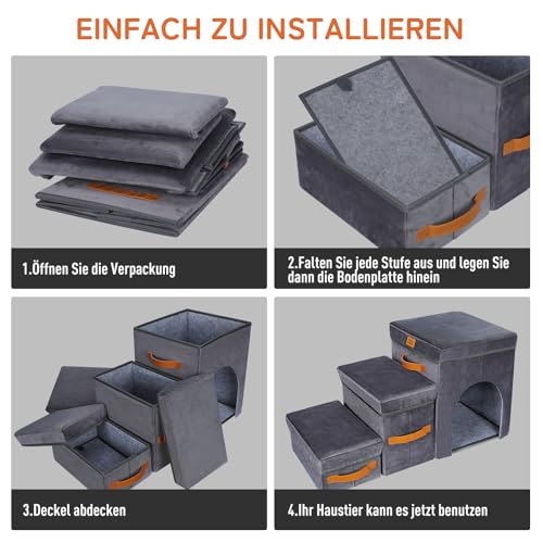 Zvonema Hundetreppe 3 Stufen, breiteren Haustiertreppe mit Stauraum, Faltbare Hundetreppe für Kleine Hunde bis 40kg, rutschfeste Hunderampe für Sofa, Bett, Auto, ältere Hunde & Katzen-78x34x45cm