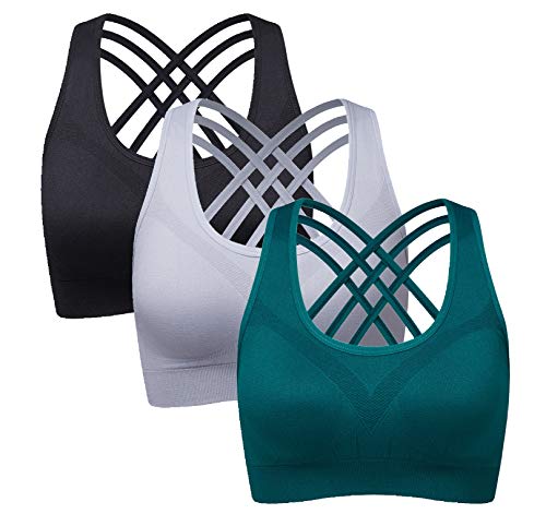 Hiking Gril Women's Strappy Seamless Sports Bra Criss-Cross Back Yoga Bras Black Grey Lv XL