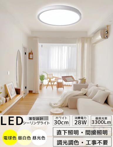 NIBOENOKI LEDシーリングライト 小型コンパクト 屋内用 ホワイト 6畳用 おしゃれ 薄型 丸型 間接照明 28w 電球色 昼光色 調光調色 3000K-6000K 器具光束3300Lm 30cm 常夜灯モード 省エネ 工事不要 タイマー機能 リモコン付き 節電 眩しくない 北欧風 日式和風 洋室 和室 寝室 ダイニング キッチン 書斎 子供部屋廊下 玄関 脱衣所 台所 [3]