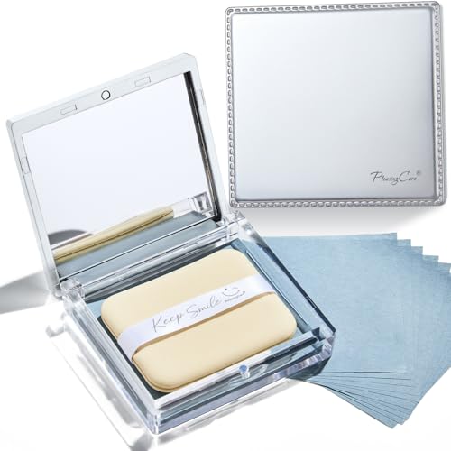 Image of Blotting Papers for Face with Mirror and Puff, 100 Count Bamboo Charcoal Oil Blotting Sheets for Oily Skin, Portable Compact for Purse, Travel, and On-the-Go Touch-Ups