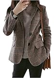 Hotmiss Womens Houndstooth Plaid Blazer Suits Nothced Lapel Single Breasted Jacket Coat with Patched Elbow Khaki