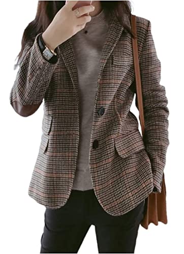 Hotmiss Womens Houndstooth Plaid Blazer Suits Nothced Lapel Single Breasted Jacket Coat with Patched Elbow