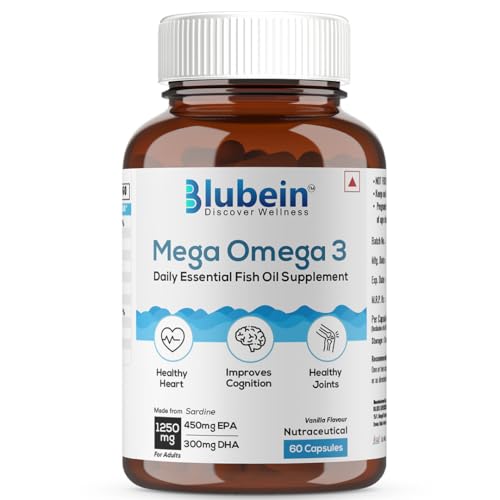 Image of Blubein Mega Omega 3 Fish Oil Capsules for Men & Women, Triple Strength with 1250 mg (450 mg EPA & 300 mg DHA) for Muscle Recovery, Healthy Heart, Joints & Brain - 60 Capsules, 160 grams
