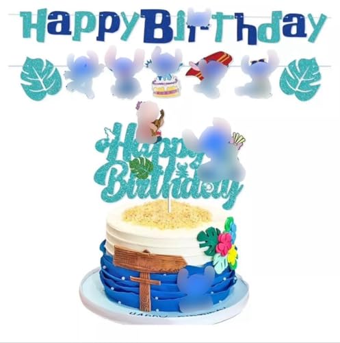 Tropical Blue Birthday Banner & Cake Topper Set – Glitter "Happy Birthday" Garland with Cute Cartoon Characters for Kids Party Decorations – Boys & Girls Birthday Supplies