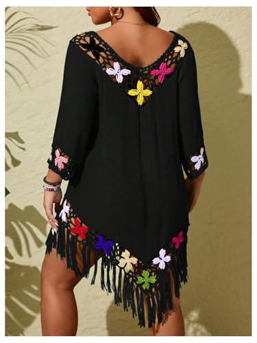 Verdusa Women's Plus Size Boho Hollow Out Floral Fringe Beach Cover Up Dress 3/4 Sleeve Tunic Dress2