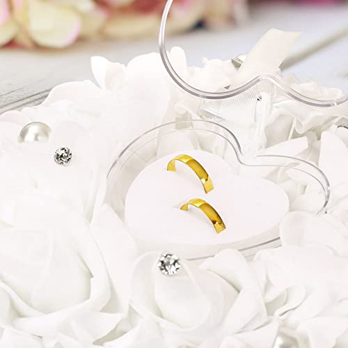 TOPINCN Wedding Ring Pillow, Romantic Lace Crystal Rose Wedding Heart Ring Box Pillow Cushion with Ribbon Pearl Wedding Ceremony Ring Holder for Wedding Supplies Gift