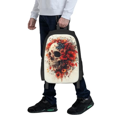 Image of Floral Skull Print Backpack For Men Women Lightweight Daypack For Daily Commutes Business Travel Hiking
