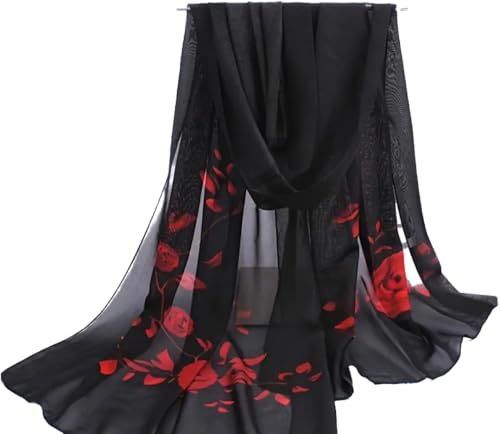 Red Roses on Black Lightweight Sheer Chiffon Fashion Wrap Scarf, 58 x 19 in Good Things To Come!