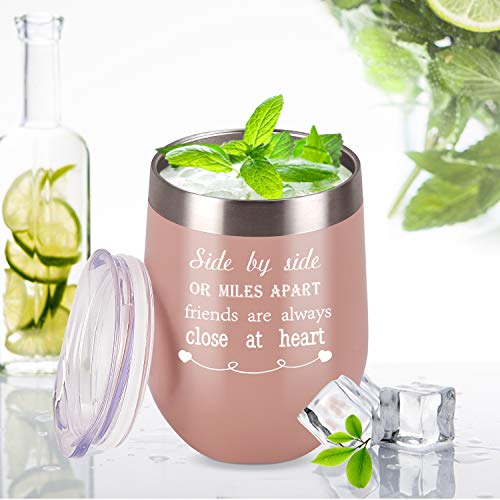 Side By Side or Miles Apart Friends Are Always Close at Heart Wine Tumbler with Lid and Straw, 12 Oz Stainless Steel Insulated Wine Tumbler Idea for Friends Girlfriend Coworker, Blush Gold - Thumbnail 7
