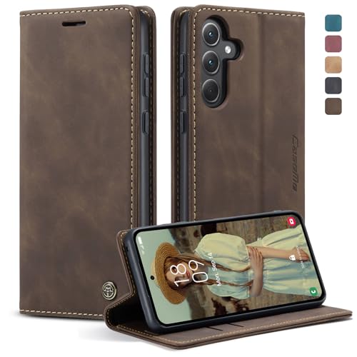 owlhold Handyhülle für Samsung Galaxy A35 5G Hülle Premium Lederhülle Weiches Vintage-Nubukleder Faltbare Ständer Klapphülle Kartenfach Standfunktion stoßfest Schutzhülle für Samsung A35 -Kaffee