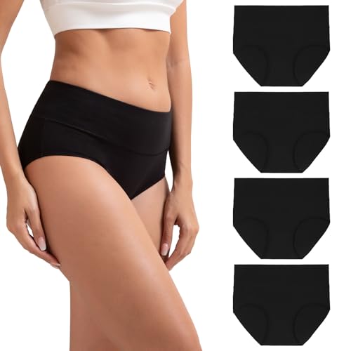 Innersy Mutande da donna a vita alta, slip in cotone, intimo morbido, confezione da 4 pezzi, 4 nero, L