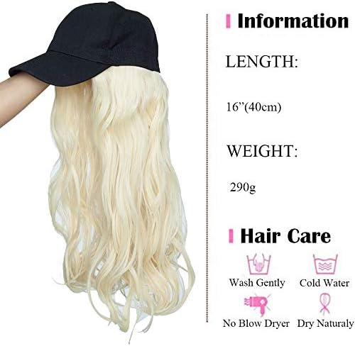 16" Hair Extensions With Baseball Cap Adjustable, Bleach Blonde, Baseball Hat With Synthetic Hair Extension Long Curly Wavy - Image 3