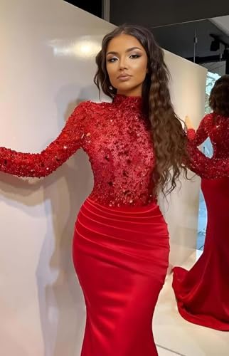 Mermaid Prom Dresses for Women Sparkly Sequins Long Sleeve Formal Evening Dress with Train High Neck LW1913
