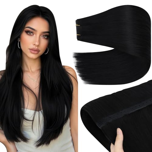 Image of YoungSee 100g 28 Inch Butterfly Weft Hair Extensions Human Hair, Jet Black Butterfly Weft Extensions for Women, Black OVO Wefts Hair Extensions, Long Straight Hair Add Hair Length