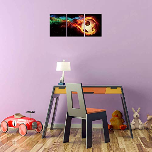 Sport Boy Room Wall Art Multicolor Flame Soccer Artwork Canvas Poster Print For Playroom Wall Decor Framed Colorful Football Picture Dormitory Nursery Kids Room Décoration 12X16Inch #TOP4