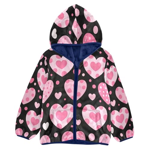 Heart Pattern with Pink Dots Toddler Fleece Jacket Girl Boys Hooded Fleece Jacket Coat Warm Outwear Zip-up 3-10T