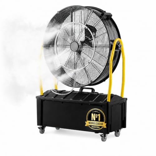 Ventilador Industrial Nebulizador de Pie con Depósito de Agua 25L, Motor 300W, 3 Aspas, 3 Velocidades, Diámetro 65 cm, Flujo 9870 m³/h, Cabezal Orientable, Ruedas Multidireccionales