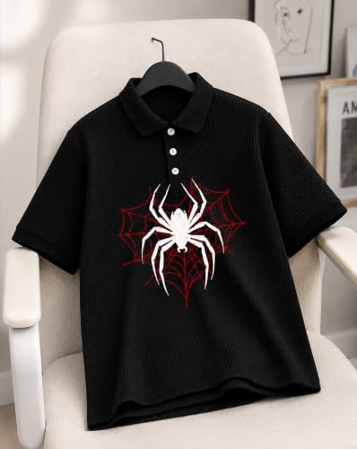 Image of AUSK Men's Spider Graphic Printed Polo T-Shirt | Cotton Blend Textured Half Sleeve Regular Fit Polo Neck Casual Wear Tshirt for Men