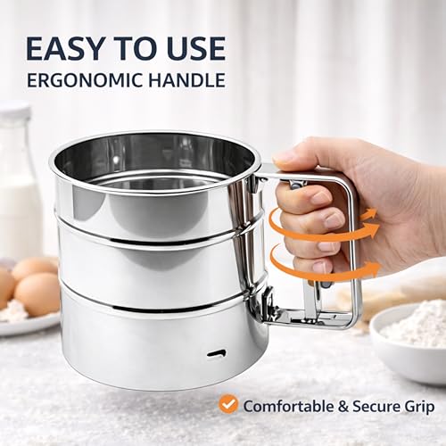 Image of Stainless Steel Flour Sifter Cup, Hand Press Atta Chalni /Atta Channi, Fine Mesh Flour Sieve for Baking, Maida, Powdered Sugar & Cocoa, Durable Kitchen Tool