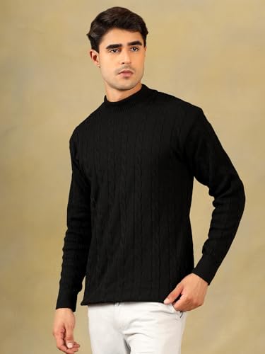 Image of Kvetoo Men's High Neck Cable Knit Sweater | Winter Pullover | Warm Wool Blend |Casual Full Sleeve Sweater for Men | Stylish Ribbed Neck Slim Fit Winterwear