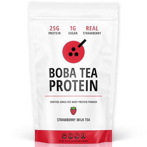 Strawberry Milk Tea | 25g Grass-Fed Whey Protein Isolate Powder | Gluten-Free & Soy-Free Bubble Tea Protein Drink | Real Ingredients & Lactose-Free Protein Drink | 25 Servings