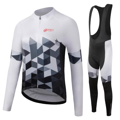 GCRFL Winter Women's Cycling Jersey Sets Thermal Bike Long Sleeve Jersey Bib Pants Fleece Cycling Clothing Set, Zipper Pocket, White Grey, Large