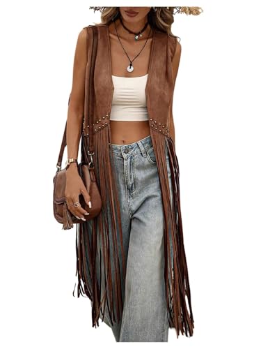 MakeMeChic Womens Rivet Suede Tassel Sleeveless Vest Jacket Open Front Cowboy Chic Fringe Vest Outerwear Brown Large