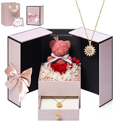 TRZUMZZ Preserved Real Rose Moss Bear Gifts Box with Necklace for Mom Wife Grandma Girlfriend on Christmas Mothers Day Birthday Anniversary Valentines Day for Women