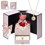 TRZUMZZ Preserved Real Rose Moss Bear Gifts Box with Necklace for Mom Wife Grandma Girlfriend on Chr