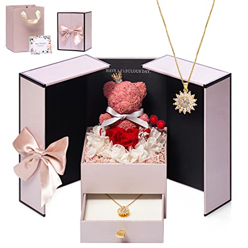 Trzumzz Preserved Real Rose Moss Bear Gifts Box With Necklace For Mom Wife Grandma Girlfriend On Christmas Mothers Day Birthday Anniversary Valentines Day For Women #TOP2