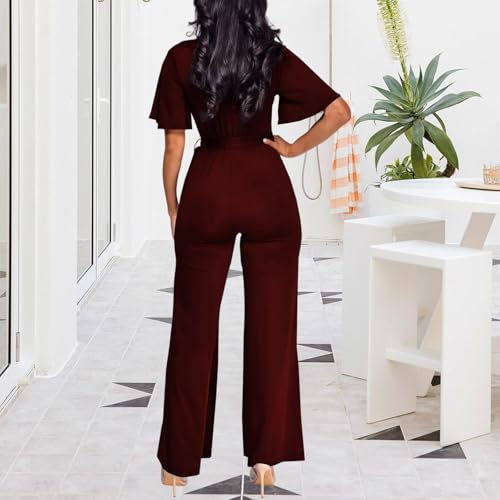 Image of PaladMom Womens Elegant Plus Size Jumpsuits Sexy Back zipper Short Sleeve Mid Waist Wide Leg Straight Rompers