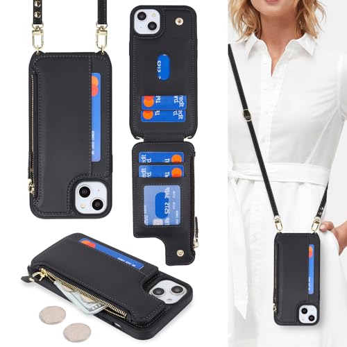 Cavor for iPhone 13 Wallet Case with Card Holder for Women,for iPhone 13 Case with Strap,Crossbody Lanyard and Wristlet Zipper Pocket Phone Cover-Black