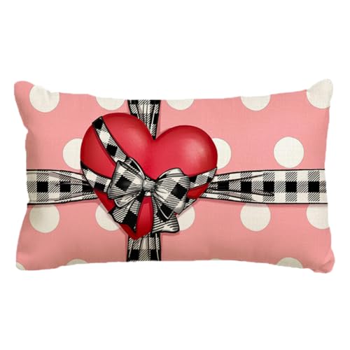 RABUSOFA Fundas de almohada para el día de San Valentín de 12 x 20 pulgadas, fundas de almohada con diseño de corazón rosa, decoración de lunares para el día de San Valentín, diseño a cuadros