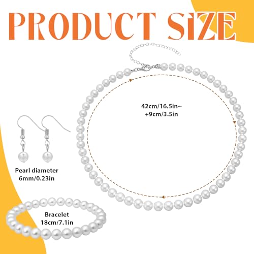 TIESOME Pearl Necklace Bracelet Earrings Set, Faux Pearl Jewelry Set Necklaces for Women White Costume Jewelry Accessories for Women Wedding Birthday Valentine Gifts(6mm) - Image 3