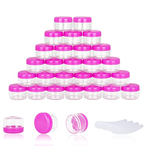 50PCS 5 Gram Sample Containers, 5ml Empty Jars with Lids, Small Cosmetic Containers, Mini Sample Jars with 4PCS Mini Spatulas for Make Up, Oils, Lotion, Powder, Paint, Jewelry, Lip Balms(Pink Lid)