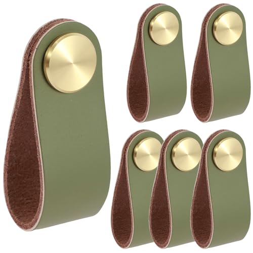 Leather Drawer Pulls - 6 Pcs Leather Dresser Knobs, Durable Thickened Leather Cabinet Handles with Screws for Cabinet, Doors and Drawers (Green)