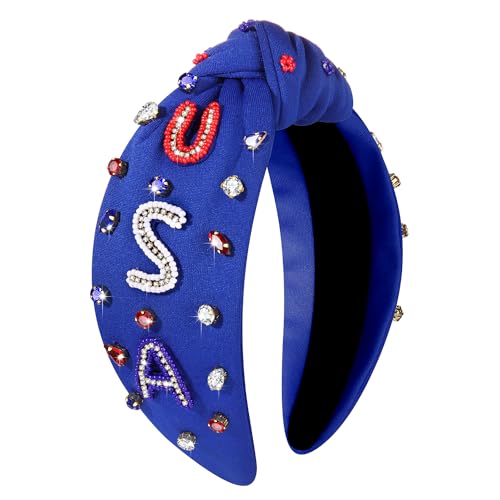 MOLOCH American Flag Headband 4th of July Headband Red White Blue USA Stars Knotted Hairband for Women Rhinestone Crystal Patriotic Hairband Party Hair Accessory Stars