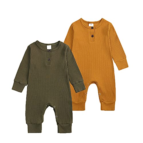 Beivslley Newborn Baby Boy Girl 2 Pack Button Solid Romper Infant Long Sleeve Knit Cotton Footless Outfits Clothes,Army Green+Yellowy,0-3M #TOP18
