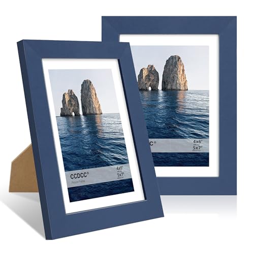 ccdcc 5x7 Picture Frame Set of 2 5 x 7 Wood Photo Frames with Mat for 4x6 Natural Wooden Frame with Real Glass Cover for Wall and Tabletop Display Blue