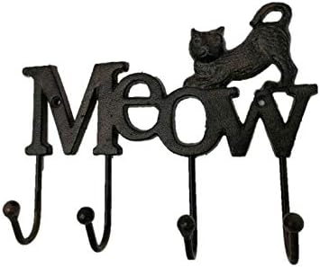Comfy Hour Antique and Vintage Animal Collection 6" Cast Iron Cat Meow Four Key Hooks Key Chain Wall Hanger
