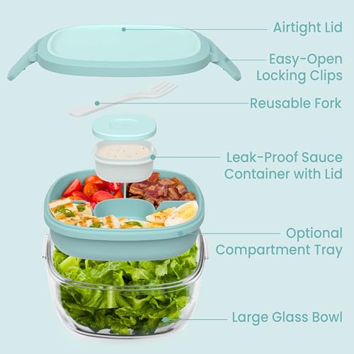 Image of Bentgo Glass Salad Container with Airtight Lid & Leak-Proof Sauce Cup