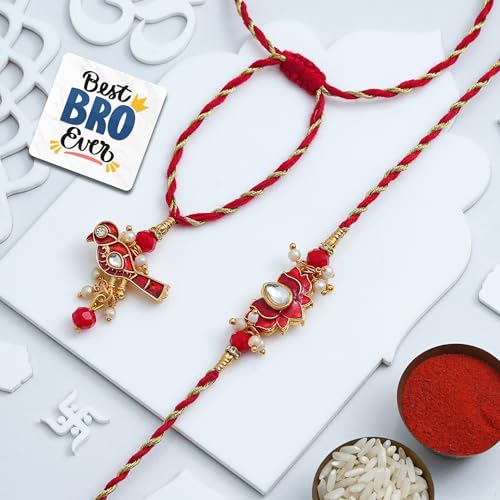 Image of eCraftIndia Red Lotus Bird Designer Bhaiya Bhabhi Rakhis with Best Bro Ever Fridge Magnet | Set of 2 Rakhi for Brother and Bhabhi | Lumba Rakhi | Roli Chawal Pack