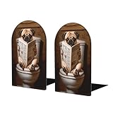 Mops zum Lesen auf WC-Sitz, Buchstützen für Regale, 2 Stück, Holz-Buchstopper, Organizer für Zuhause, Büro, Bibliotheken