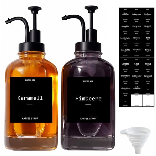 BIKALAN Kaffee Sirup Spender Glas Set, Kaffeesirup Pumpspender für Küche Coffee Bar, Sirup Pumpspender Kaffeesirupspender mit 24 Aufkleber, Trichter, 16.9 oz 500 ml, 2 Packung
