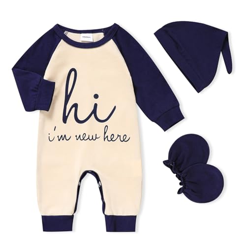 Image of GRNSHTS Newborn Baby Boy Romper Coming Home Outfits Letter Print Bodysuit Jumpsuit+Hat+Gloves 3PCS Clothes Set