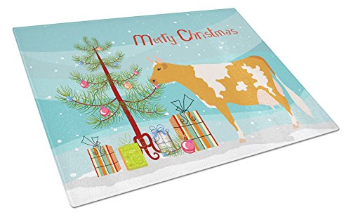 Caroline's Treasures BB9188LCB Guernsey Cow Christmas Glass Cutting Board Large, Teal Decorative Tempered Glass Kitchen Cutting and Serving Board Large Size Chopping Board