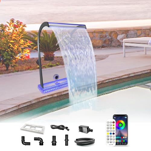 LONGRUN Waterfall Spillway Acrylic S-Shaped Pool Fountain with Multi Color Controllable LED Light, Waterfalls Water Feature for Indoor Outdoor Garden Rockery Pond Swimming Pools-20'' Height