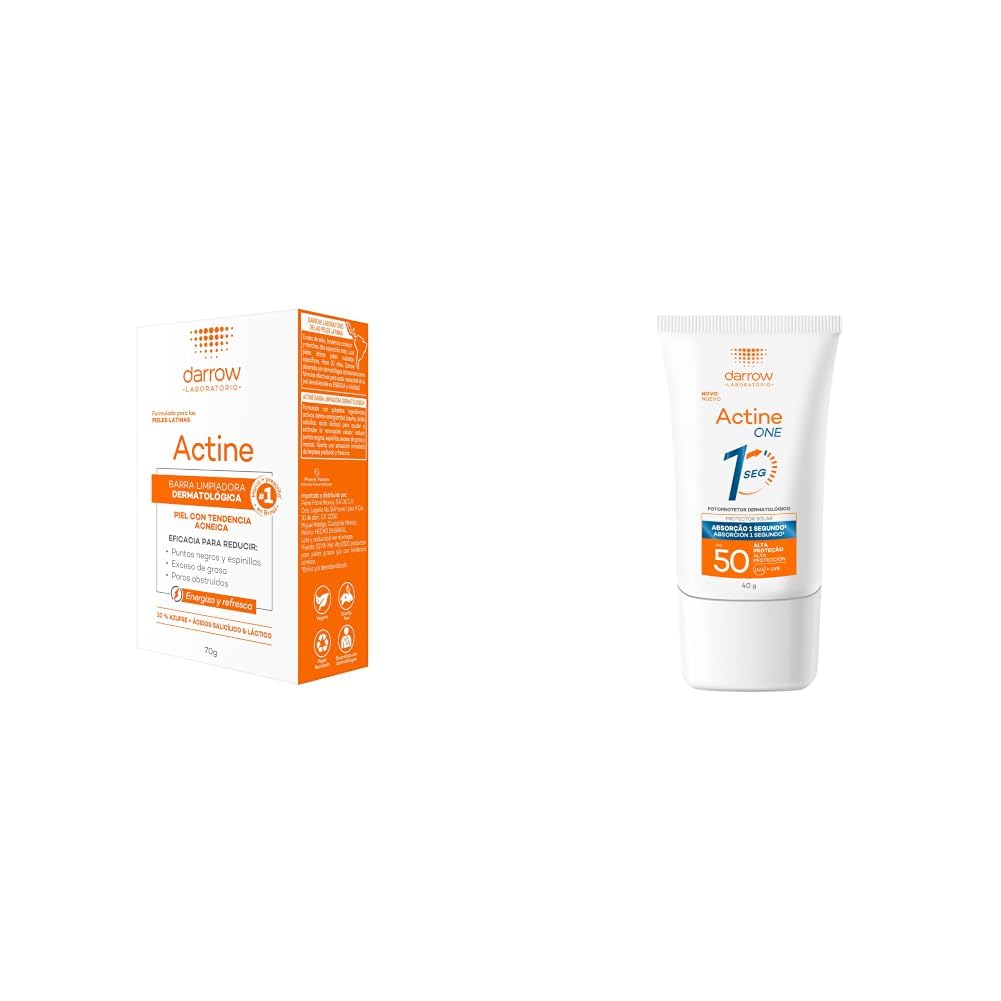 DARROW Actine Barra Limpiadora Dermatológica Piel Grasa tendencia Acnéica 70 g + Protector Solar Facial One FPS50 Acido Hialuronico Toque Seco Gel Ultraligero 40g