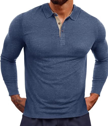 Yousify Mens Polo Shirts Long Sleeve Button Casual Basic Collared Lightweight Golf Shirts